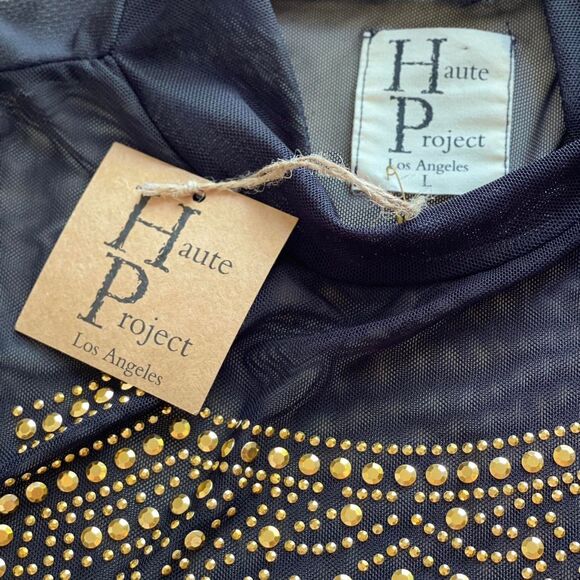 NWT Haute Project Black Mesh Sheer Gold Rhinestone Bodysuit GlamRock Size L - Picture 6 of 8